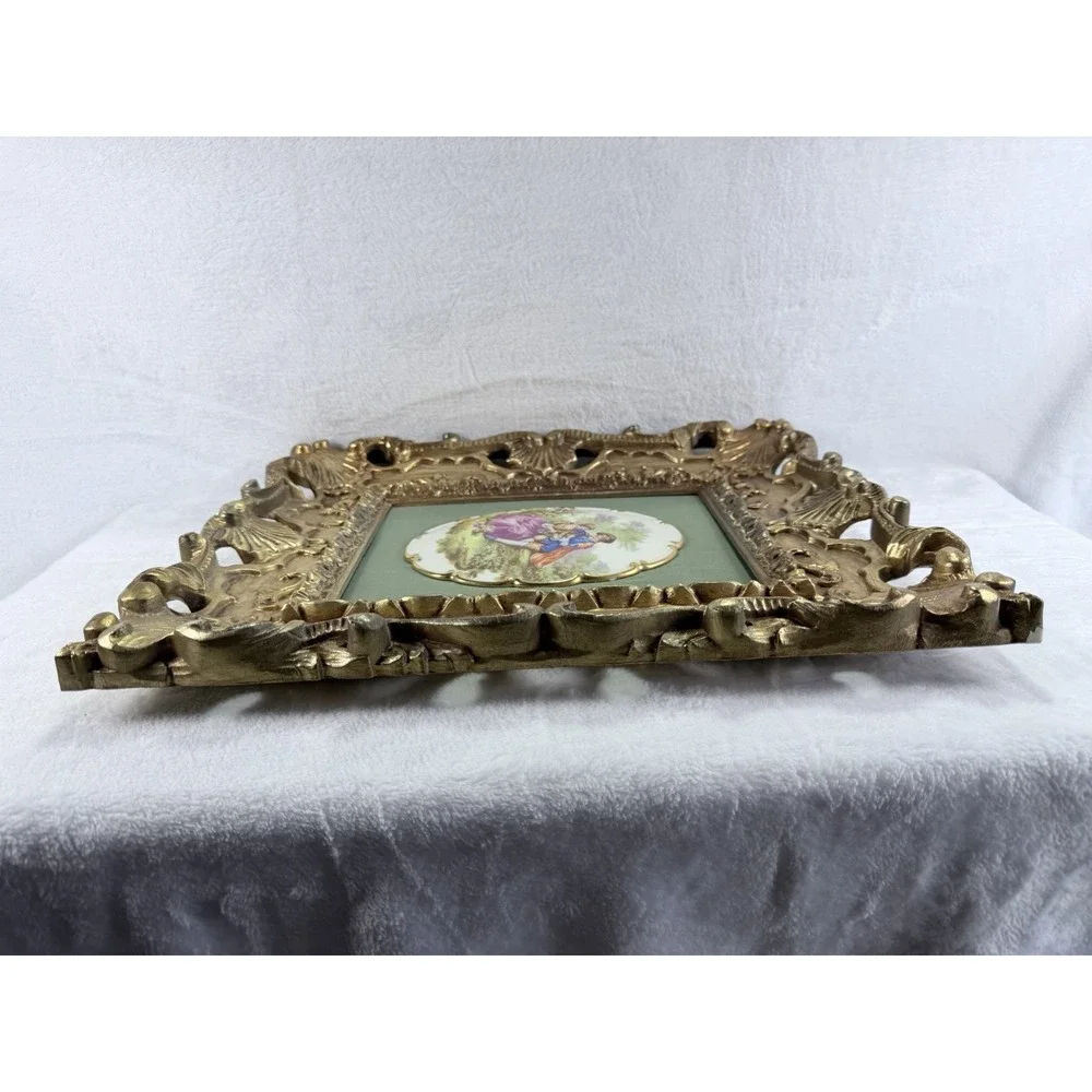 VTG Fragonard Courting Couple Porcelain Plaques Carved Wood Ornate Gold Frame Lg